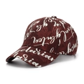 Detail of burgundy baseball cap with white script print and jacquard texture finish - Coffee