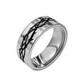 Macro shot of punk style stainless steel ring with continuous black thorn patterns - Thorns Style/Size 7