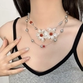 Bohemian double-layer beaded necklace featuring white 3D flowers and red accents - Double Layer White Floral Red Bead Beaded Necklace (DX0809)