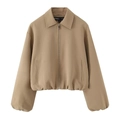 Veste bouffante courte marron à col rabattu et fermeture éclair pour femmes chic - XS / Kaki