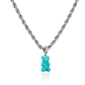 Detail eines türkisblauen Bärenanhängers mit Diamant-Öse an silberner Kordelkette - Silber Türkis