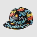 Kids black baseball cap with colorful graffiti and rubber groove logo patch - SMILE Print / Black Flat Brim