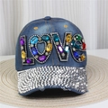 Detail of denim baseball cap with LOVE gemstone embroidery and rhinestone brim - Style 41-Deep Blue Denim Gemstone LOVE