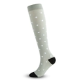 Greyish green compression sock featuring a white polka dot pattern and black heel accents - Gray Polka Dots