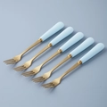 Five gold stainless steel dessert forks with light blue ceramic handles on grey background - Blue - Fruit Fork