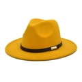 Detail of wool fedora hat with black leather band and small silver metal buckle accent - Yellow
