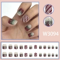 Unghie finte natalizie 24 pezzi con strisce rosse e sfumatura glitterata argento lucido - Stile Glitterato a Strisce Rosso Scuro (W3094)