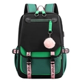 Grande zaino nero e verde con nastro rosa e ciondolo a forma di palla di peluche - Verde