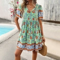 Women's V-neck short sleeve floral dress with high-waist A-line cut in boho style - S / Green