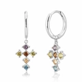 Macro detail of S925 silver hoop earrings featuring colorful zircon cross pendants - Cross Colorful Zircon