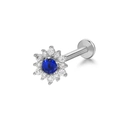 Blauwe edelsteen labret piercing in zonnestralen stijl met zilveren edelstaal basis - Zilveren Blauwe Zonnebloem (24051003-6)