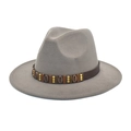 Detail of wool fedora hat featuring a brown leather band with shell and gold stud accents - M (56-58cm) / Light Gray