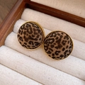 Retro round leopard print earrings with gold frame in a beige fabric jewelry box - 46# Silver Earring Post - Gold Coffee