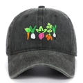Macro detail of colorful vegetable embroidery on washed grey vintage cotton baseball cap - Army Green