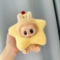 Plush yellow star chicken outfit for Labubu doll featuring a soft textured vinyl face - Yellow Star Headgear / First And Second Generation Keychains Are Compatible With La Cloth Dolls. Dolls Not Included.