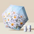 Mini sky blue floral folding pocket umbrella with UV protection and matching case - Lush Flowers (Mini Flat 6-Fold)
