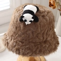 Cute panda faux rabbit fur bucket hat in dark brown plush material for winter warmth - M (56-58cm) / Khaki