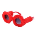 Fashionable round sunglasses with vibrant red plush fur trim and dark grey lenses - Red