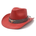 Red straw western cowboy hat with vintage bull head ornament and metal studs decoration - M(56-58cm) / Red