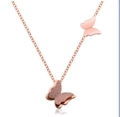 Minimalist rose gold stainless steel necklace with double frosted butterfly pendants - Necklace / Rose Gold