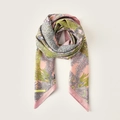 Pink bohemian silk-like scarf with green and yellow paisley floral patterns - 90*90cm / Pink