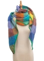 Detail of colorful plaid scarf showing soft knit texture and green stitched hem finishing - 14# Rainbow Plaid