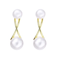 Elegant gold earrings with crisscross metal design and two stacked white pearls - Double Pearl Cross