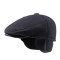 Deep purple wool ear-flap flat cap with textured fabric for autumn winter warmth - M (56-58cm) / Navy Blue