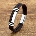 Brown braided leather bracelet with silver magnetic steel clasp on a rustic wooden background - Style-5 (Double Row Brown Leather/Silver Metal)