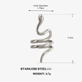 Silver stainless steel snake ring size specifications with dimensions and weight info - Silver