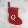 Red knitted Christmas stocking with white letter Q decoration and hanging loop for tree - Letter Q