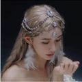 Crystal forehead chain headpiece with white feather earrings set for bridal exotic style - 231205 Silver Feather Earring Set