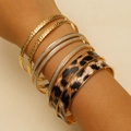 Multi-layer vintage leopard print and textured gold and silver metal bracelet set - Leopard Multi Layer Bracelet Set Style 03 (A-1158)