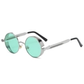 Steampunk round sunglasses with silver metal frame, spring temples, and green lenses - Silver Frame Ocean Green 22