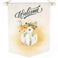 Linen welcome wall hanging banner with pumpkin and floral design on wooden pole - White Pumpkin Floral