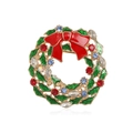 Christmas wreath brooch in gold metal with green enamel leaves and colorful crystals - C1853-8-Rhinestone Holly Wreath