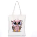 White canvas tote bag featuring a cute cartoon owl print with pink feathers and long handles - Style C15 / No Zipper No Inner Pocket