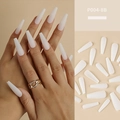 Matte milky white long coffin press-on nails set with flat lay and on-hand display P004-8B - Long Coffin / Matte Bright White