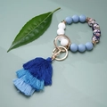 Blue and white silicone beaded keychain bracelet with a gradient three-layer tassel - Purple Floral (#6)