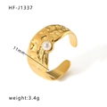 Lava textured 18k gold open ring with white pearl and 11mm hammered surface - Adjustable Open / Gold
