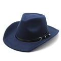 Detail of dark blue felt cowboy hat featuring black leather band and silver metal buckle - Navy Blue