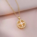 Elegant gold necklace with rotatable vintage pearl flower pendant and cubic zirconia - X0419 Gold Flower Rotating
