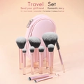 Pink travel makeup brush set of 10 pieces with a round zippered storage case and metallic handles - 10 Pcs Short Handle Pink