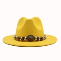 Detail of yellow wool felt fedora featuring double-layer beaded band and vintage metal buckle - Yellow