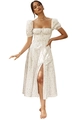 White floral puff sleeve midi dress with front slit and vintage drawstring design - White Floral