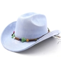 Detail of light blue faux suede cowboy hat featuring a bohemian gemstone beaded band - Light Sky Blue