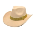 Détail d'un chapeau de cowboy en laine beige avec un ruban décoratif doré brillant - M (56-58cm) / Poche zippée