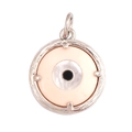 Pink mother of pearl evil eye pendant with silver metal border on white background - L23w / Silver Bean Pink