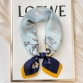 Elegant blue silk scarf with yellow border featuring seashell and floral botanical prints - 70x70cm / Shell Vine-Navy