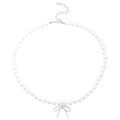 Elegant white pearl necklace featuring a silver bow pendant and adjustable chain - Silver Bow Necklace (05 Silver N-193)